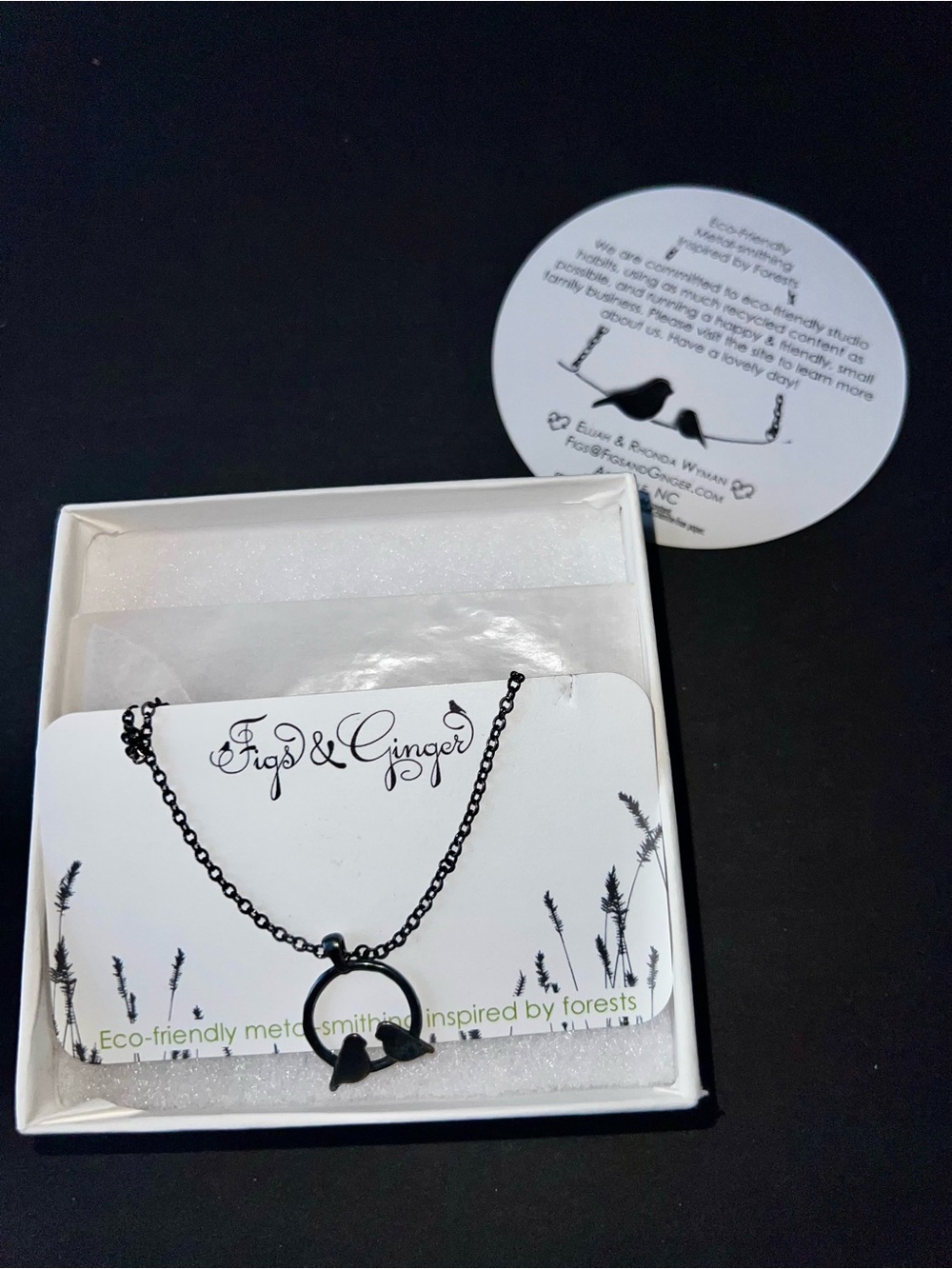 NWT Figs & Ginger Black Bird Circle Necklace Woodland Nature Jewelry with Box